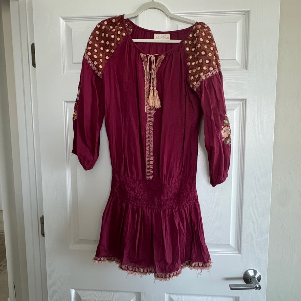 Bohemian Burgundy Dress with Embroidered Details